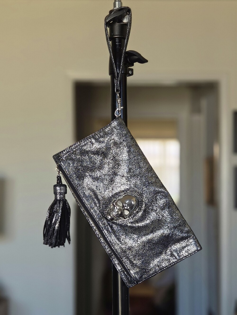 Prison Art Metallic Black Leather Skull Wristlet Clutch